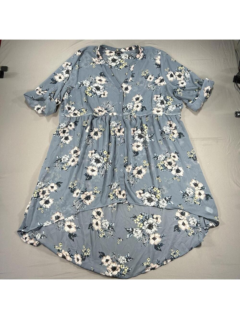 Torrid Floral Print High Low Tunic Shirt Dress Button Up Sheer Size 3 / 3x